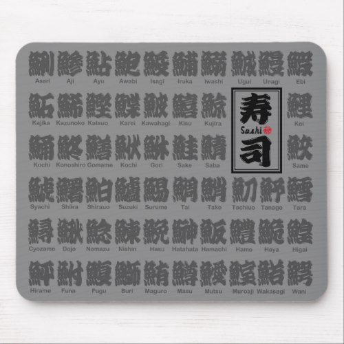 many kind of fishes for Sushi in kanji Mouse Pad